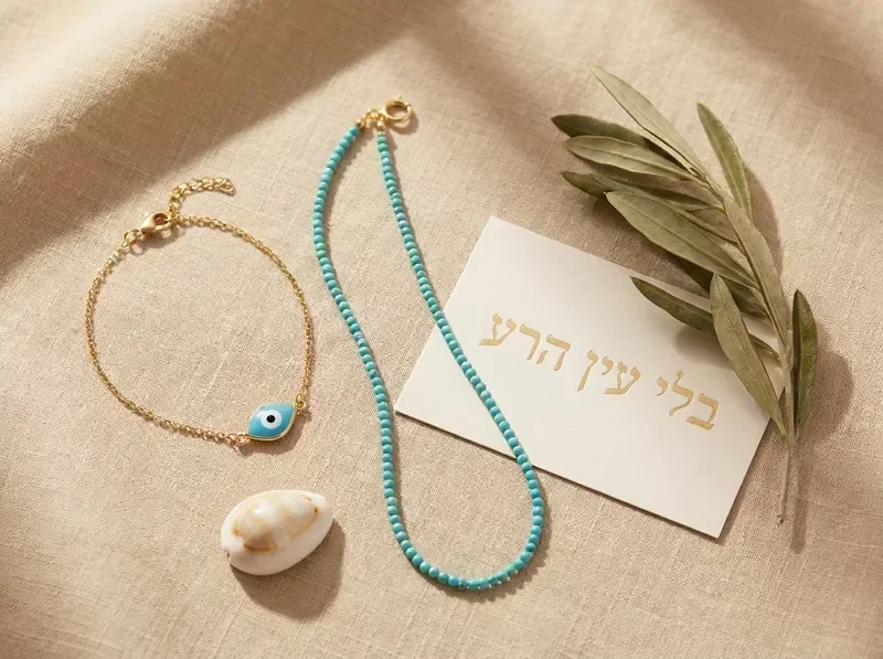 קומפוזיציית תכשיטים עם צמיד עין הרע ושרשרת טורקיז